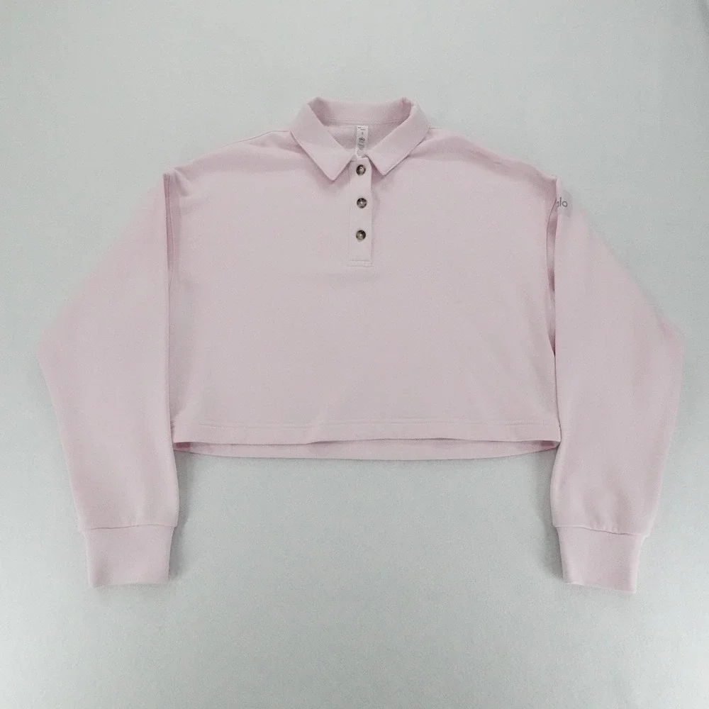 Alo Yoga Sweatshirt Womens S Pink Collared Cropped Polo Club Tennis Preppy